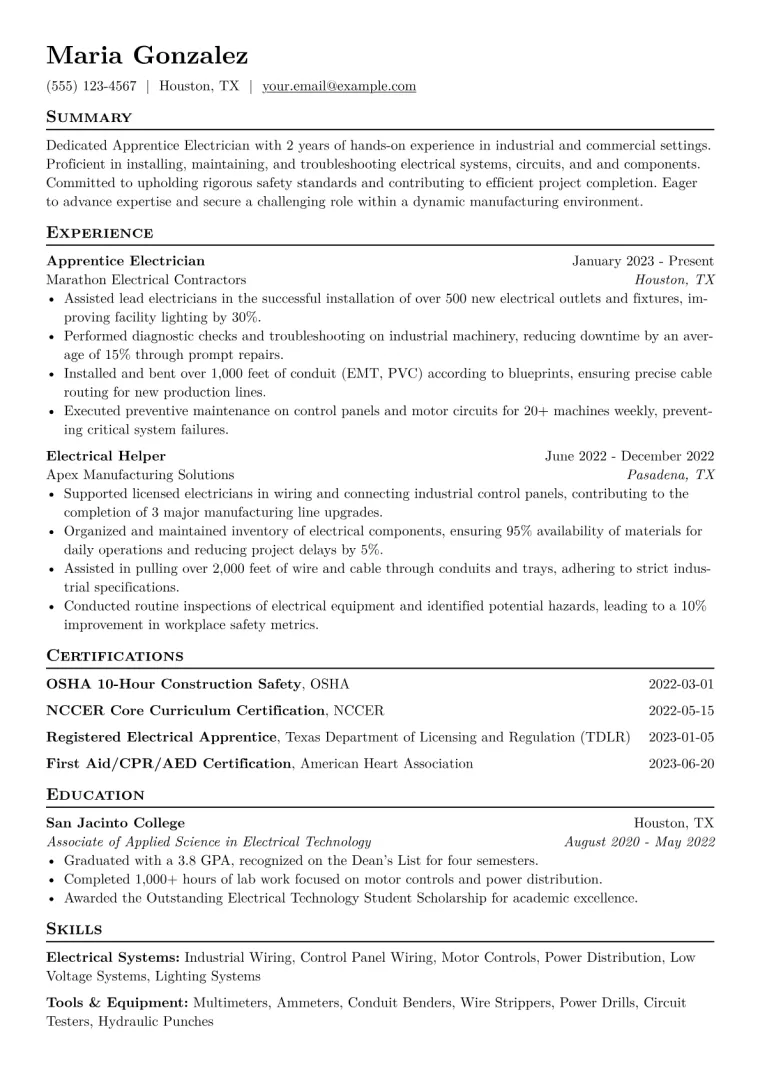 Apprentice Electrician Resume Example CV template preview
