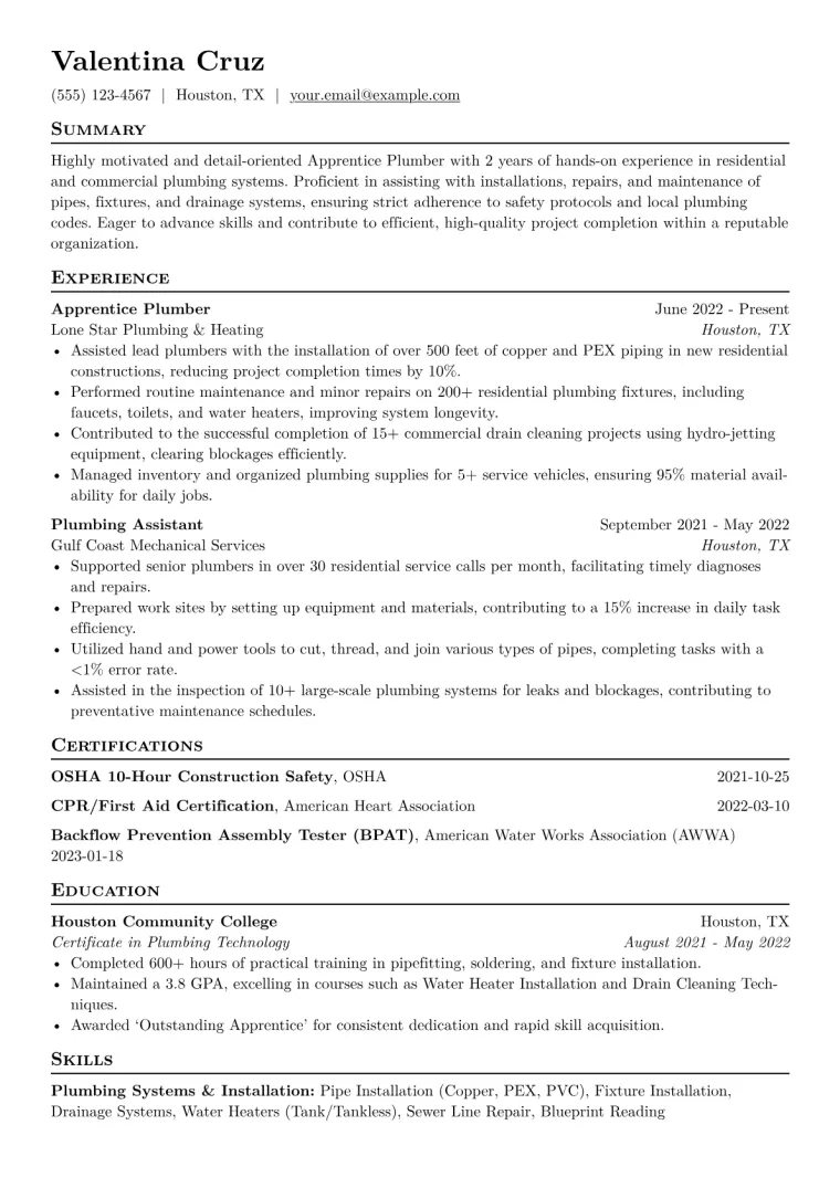 Apprentice Plumber Resume Example