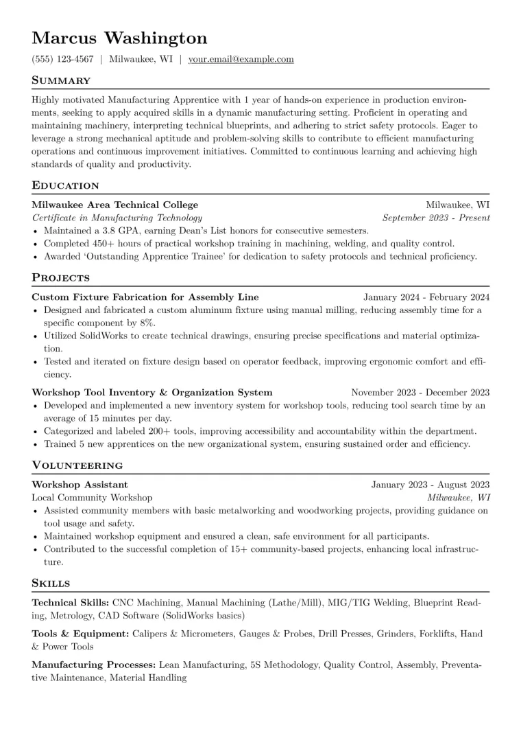 Apprentice Resume Example CV template preview