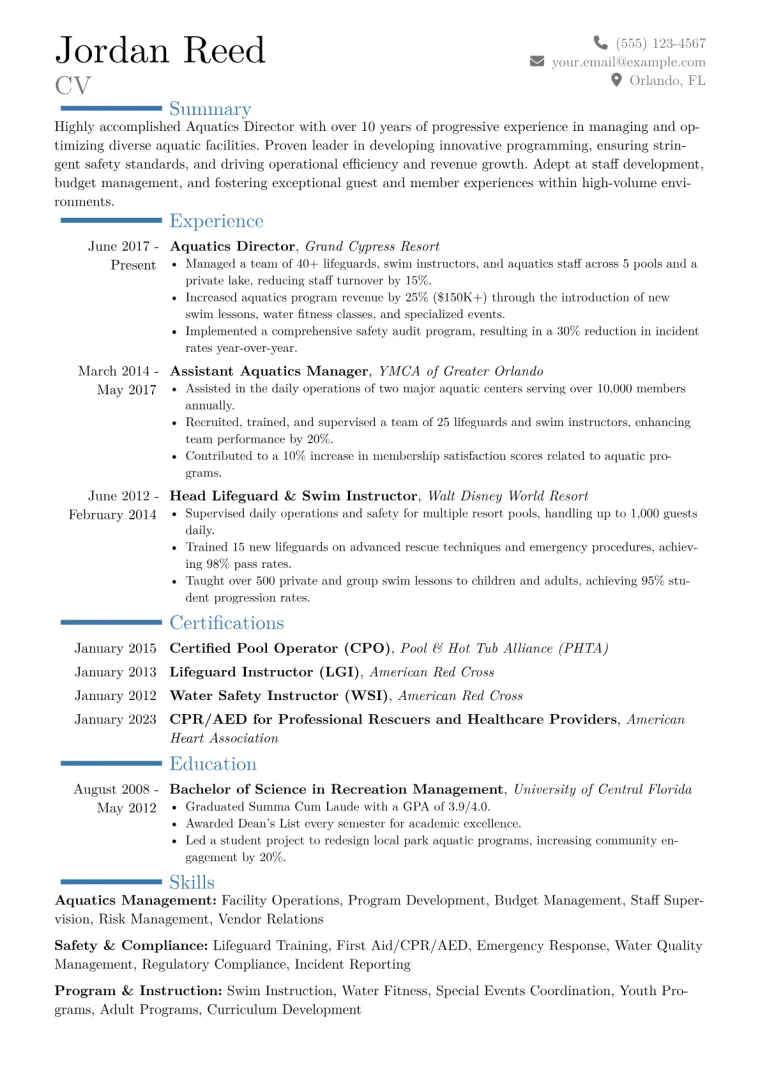 Aquatics Director Resume Example CV template preview