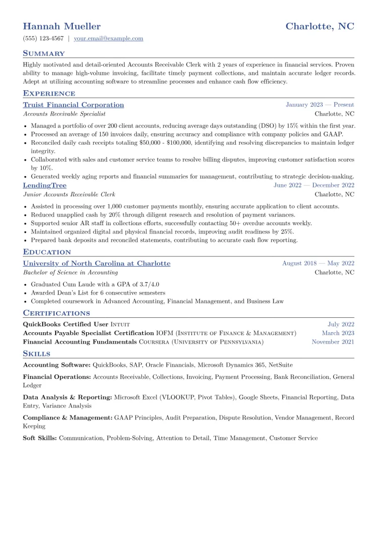 AR Clerk Resume Example CV template preview