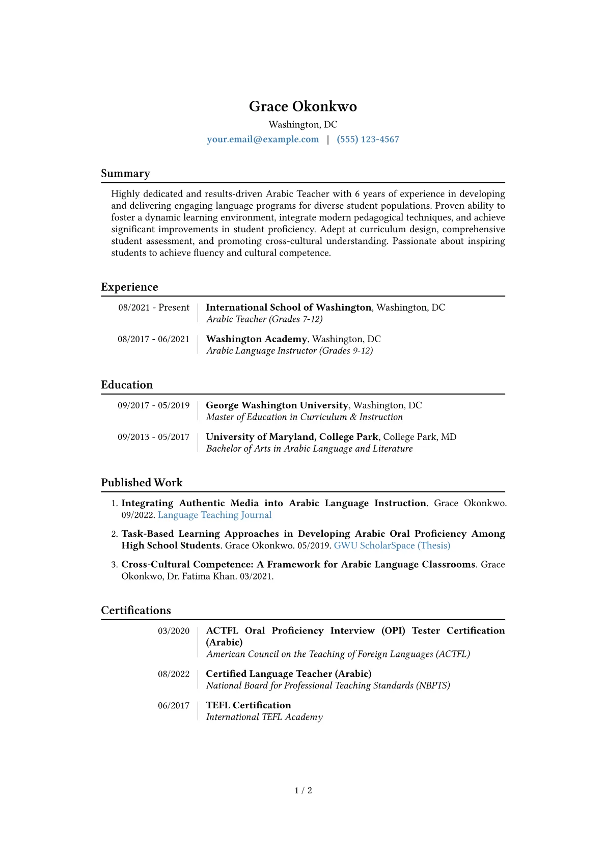 Arabic Teacher Resume Example CV template - Page 1