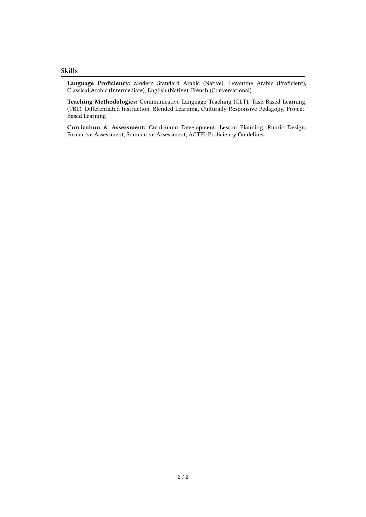 Arabic Teacher Resume Example CV template - Page 2