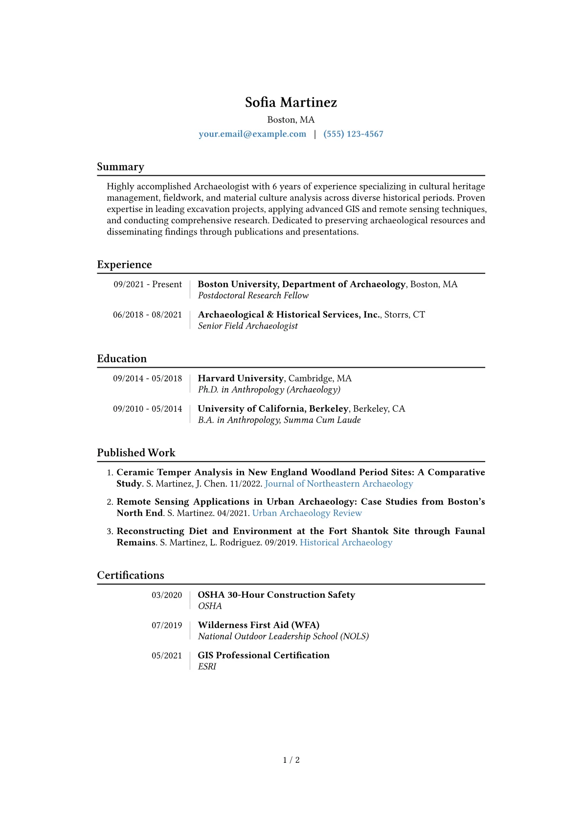 Archaeologist Resume Example CV template - Page 1