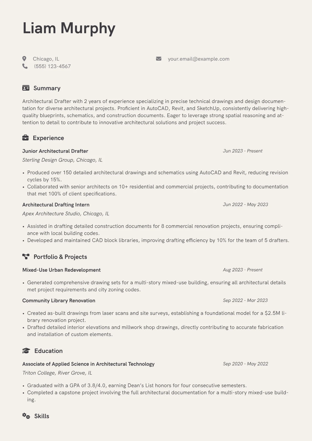 Architectural Drafter Resume Example CV template - Page 1
