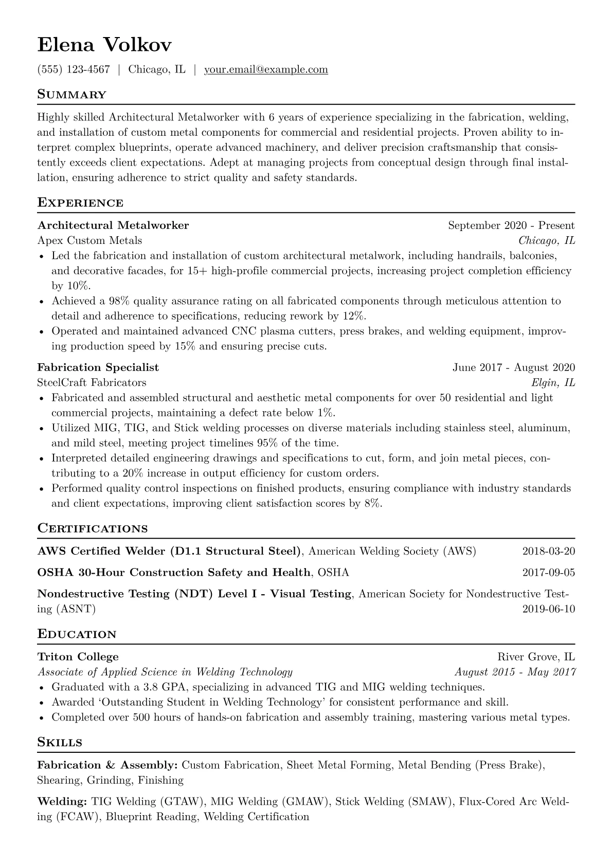 Architectural Metalworker Resume Example CV template - Page 1