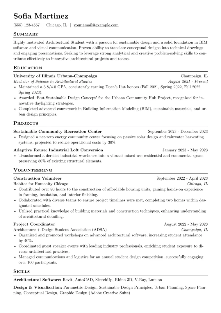 Architectural Student Resume Example CV template preview