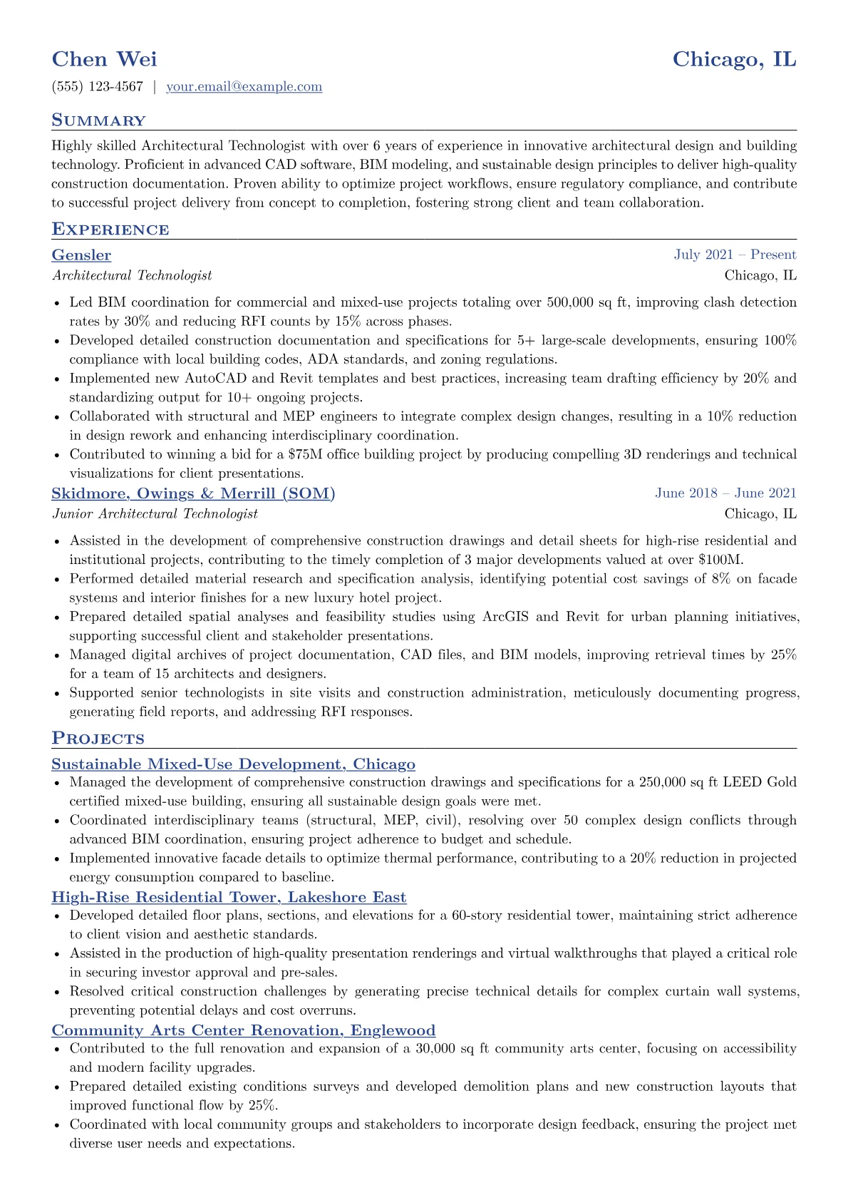 Architectural Technologist Resume Example CV template - Page 1