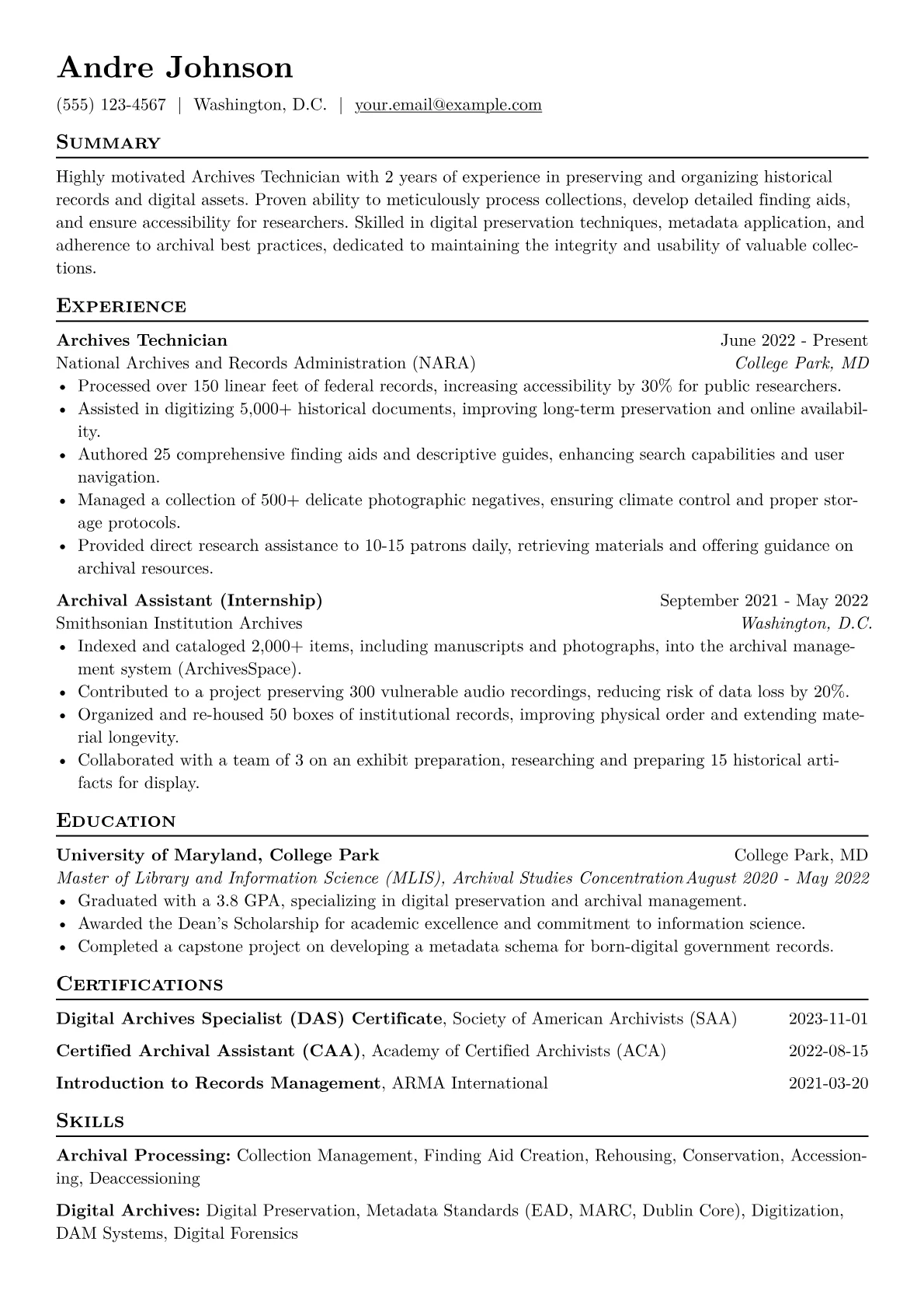 Archives Technician Resume Example CV template - Page 1