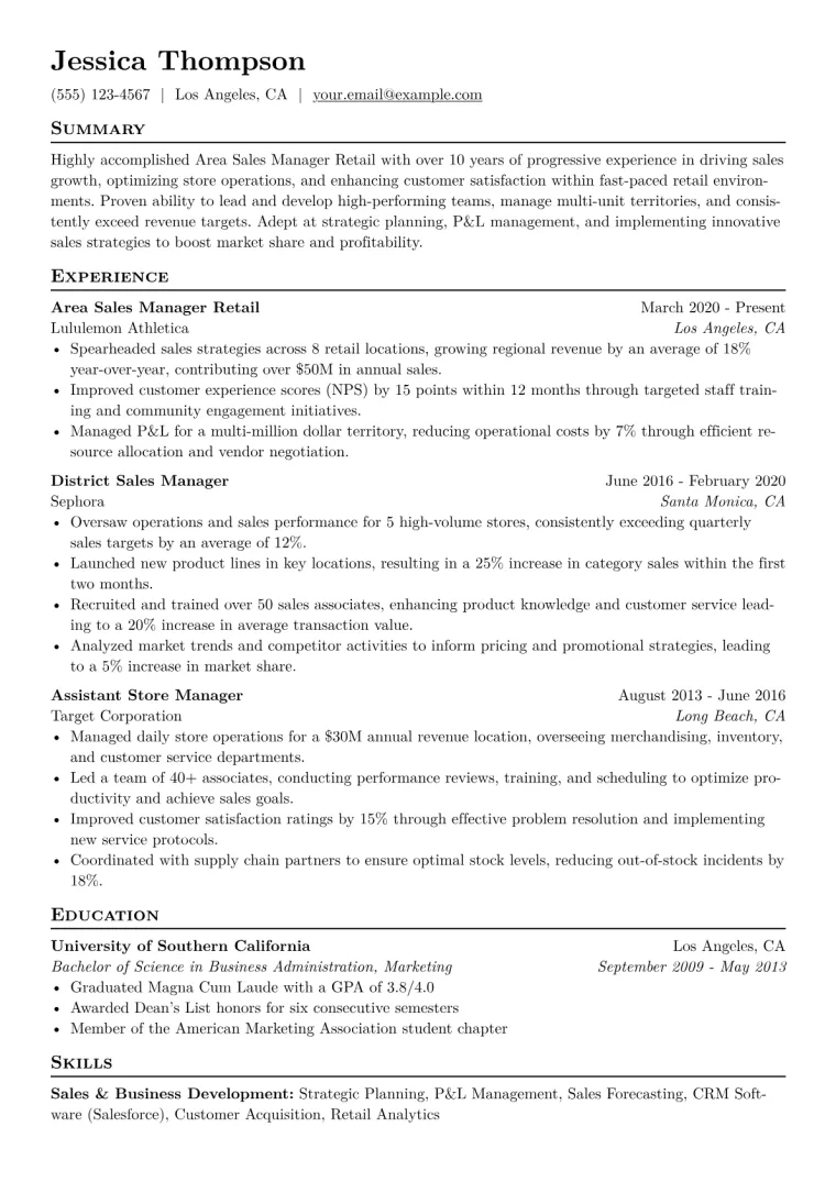 Area Sales Manager Retail Resume Example CV template preview