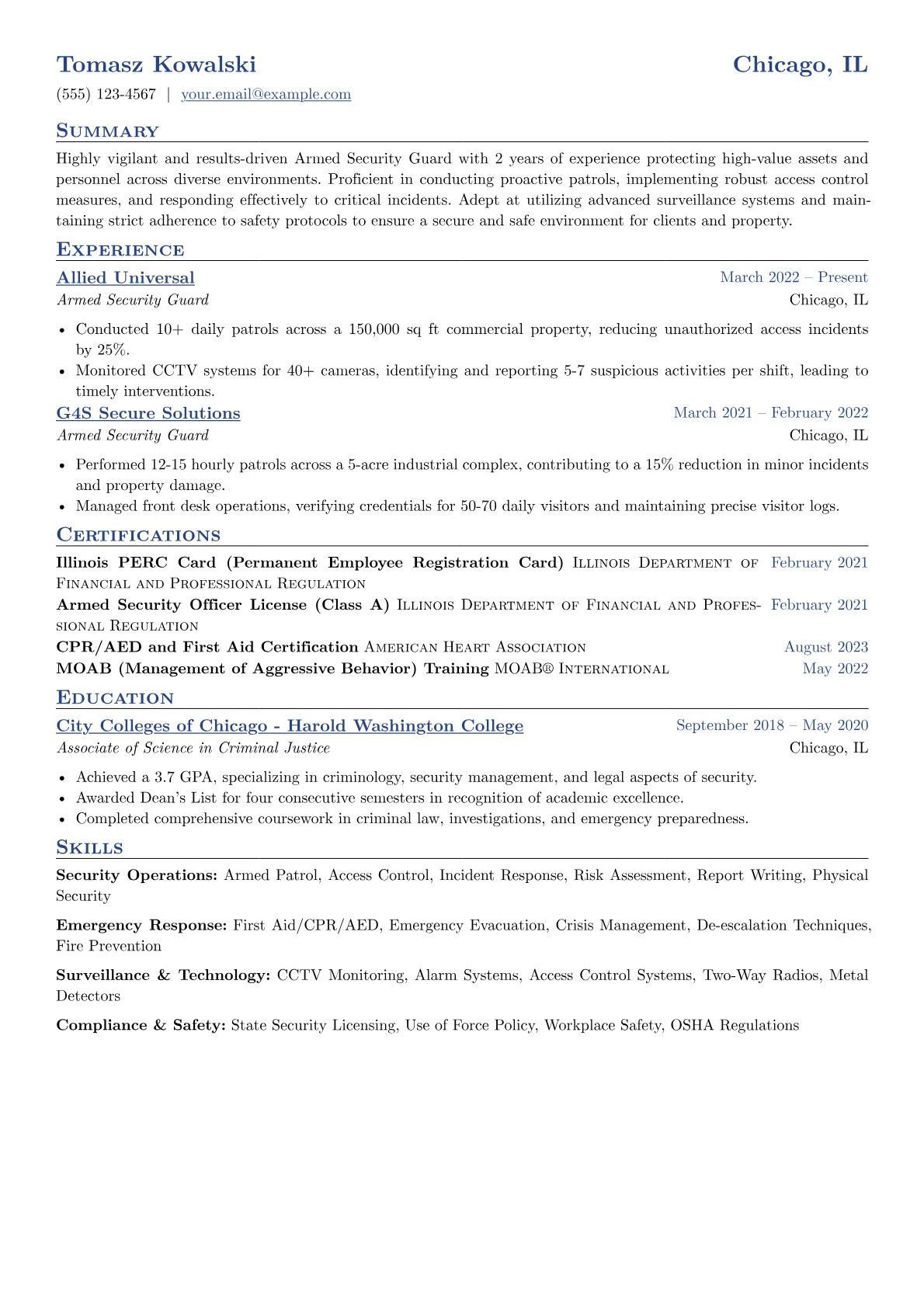 Armed Security Guard Resume Example CV template - Page 1