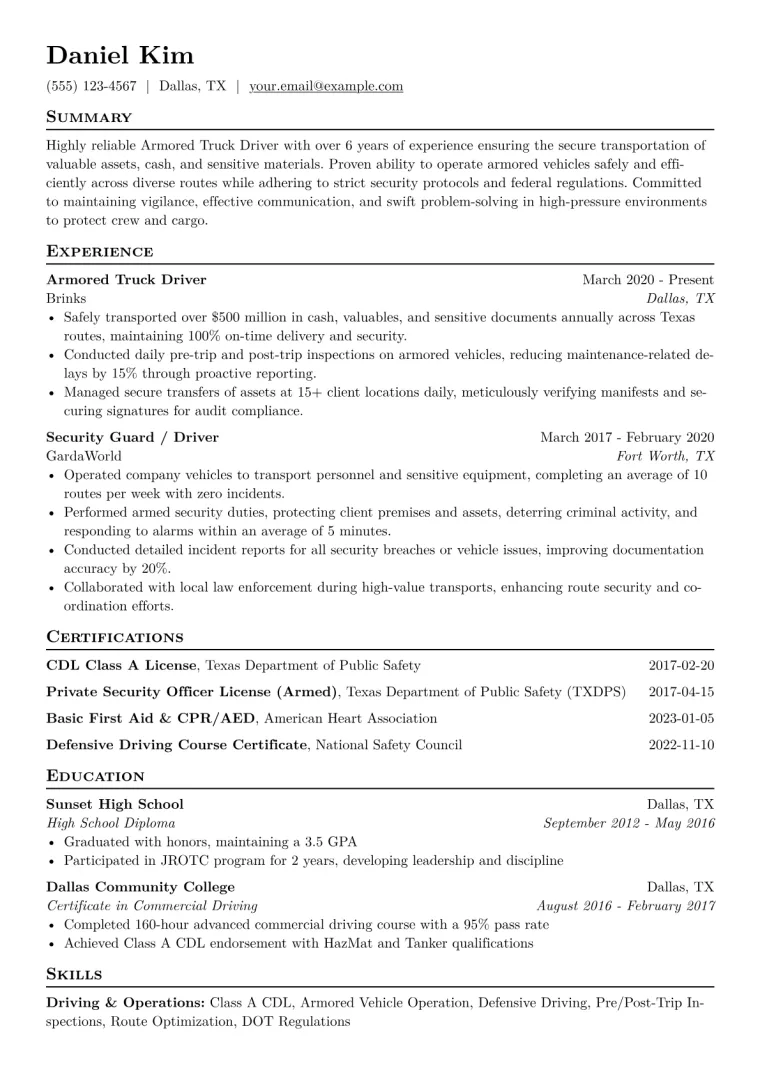 Armored Truck Driver Resume Example CV template preview