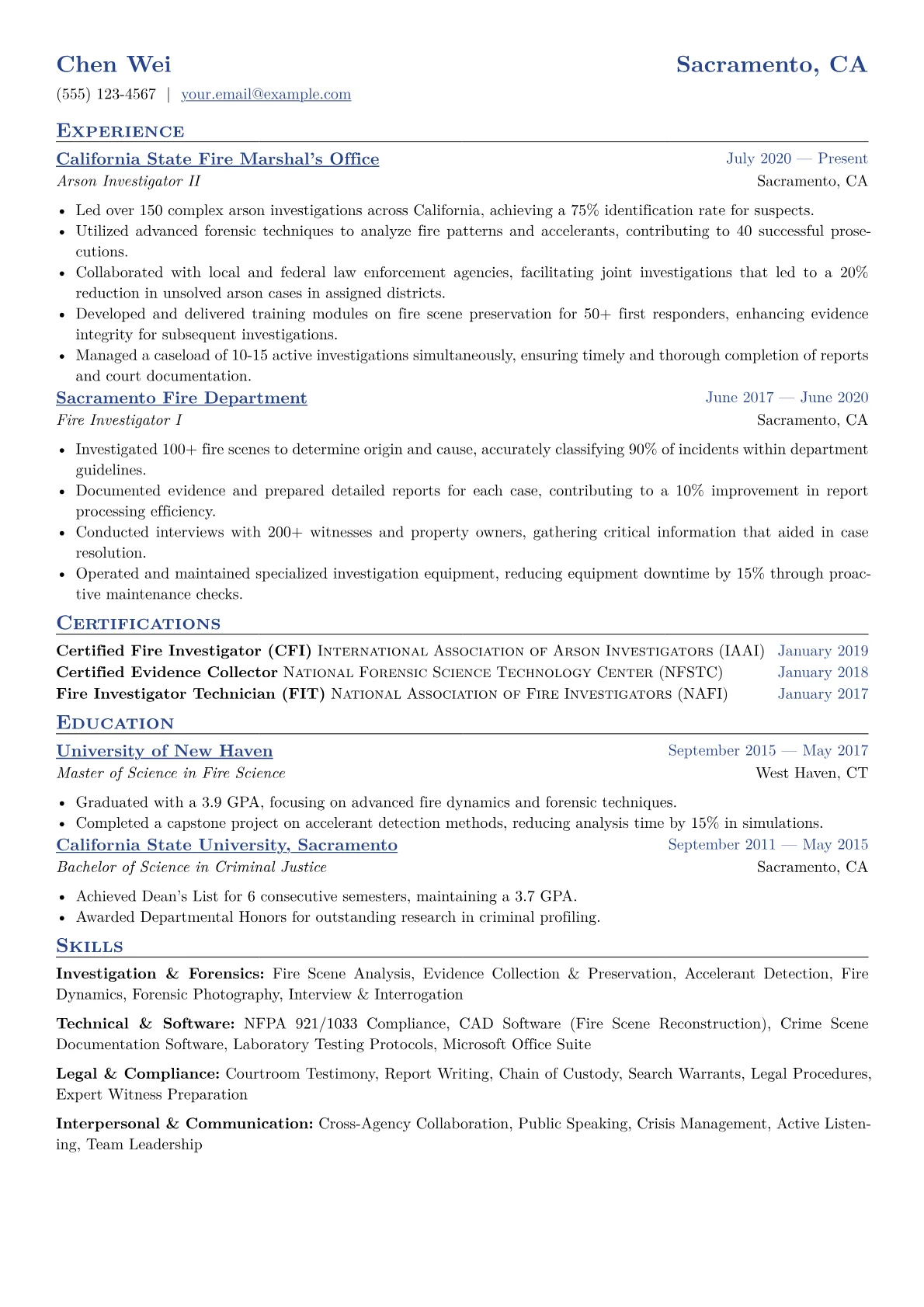 Arson Investigator Resume Example CV template - Page 1