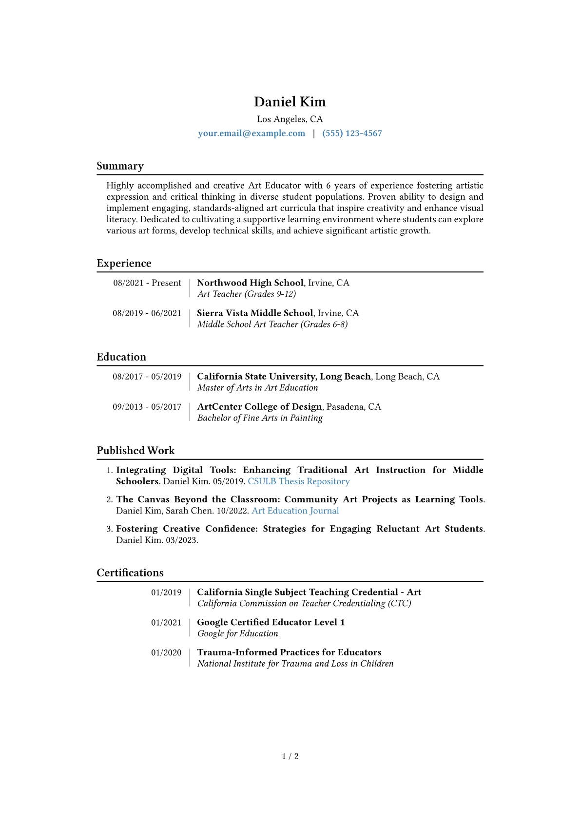 Art Educator Resume Example CV template - Page 1