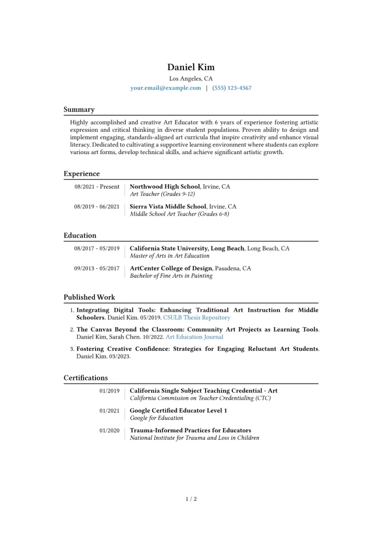 Art Educator Resume Example CV template preview