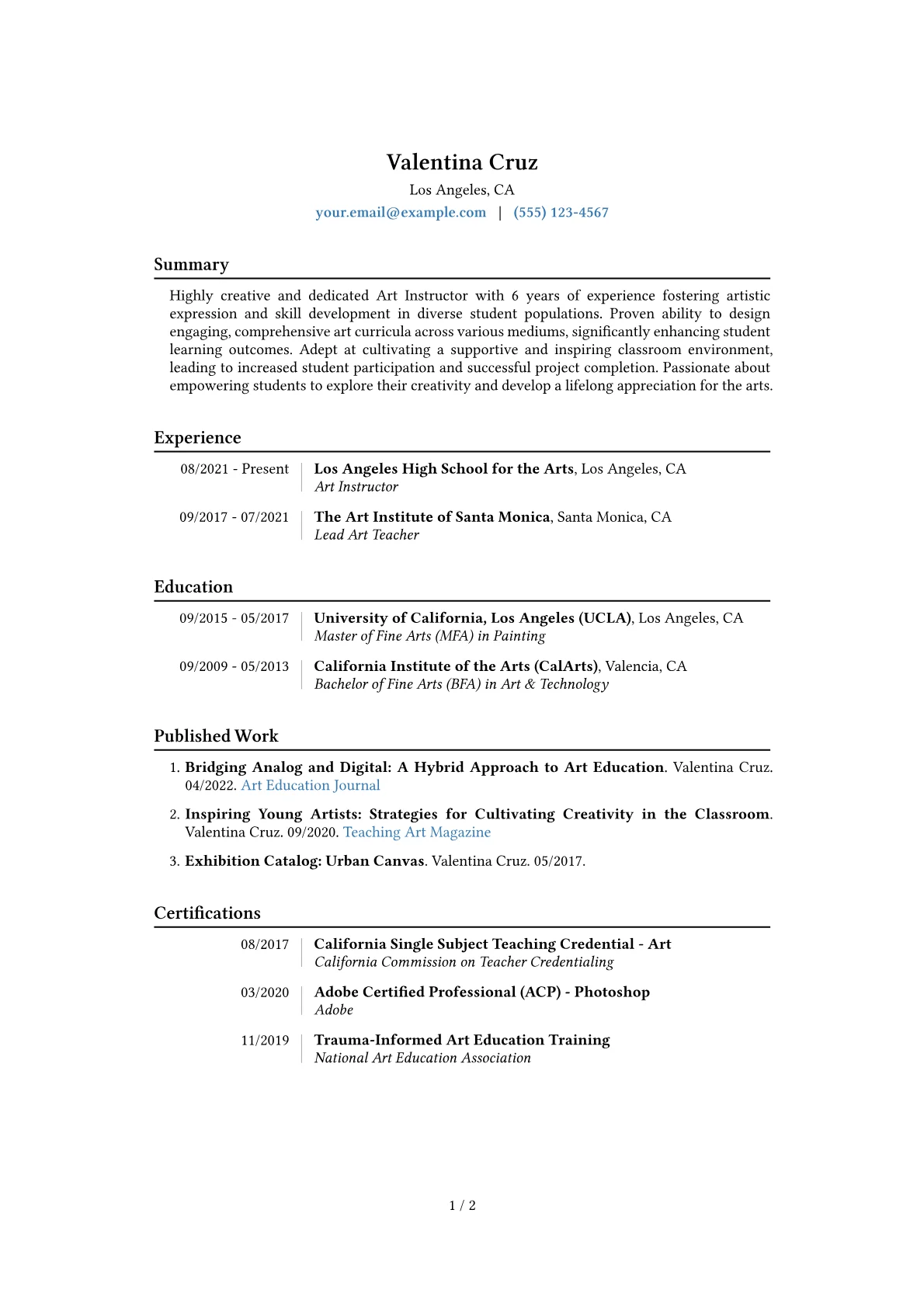 Art Instructor Resume Example CV template - Page 1