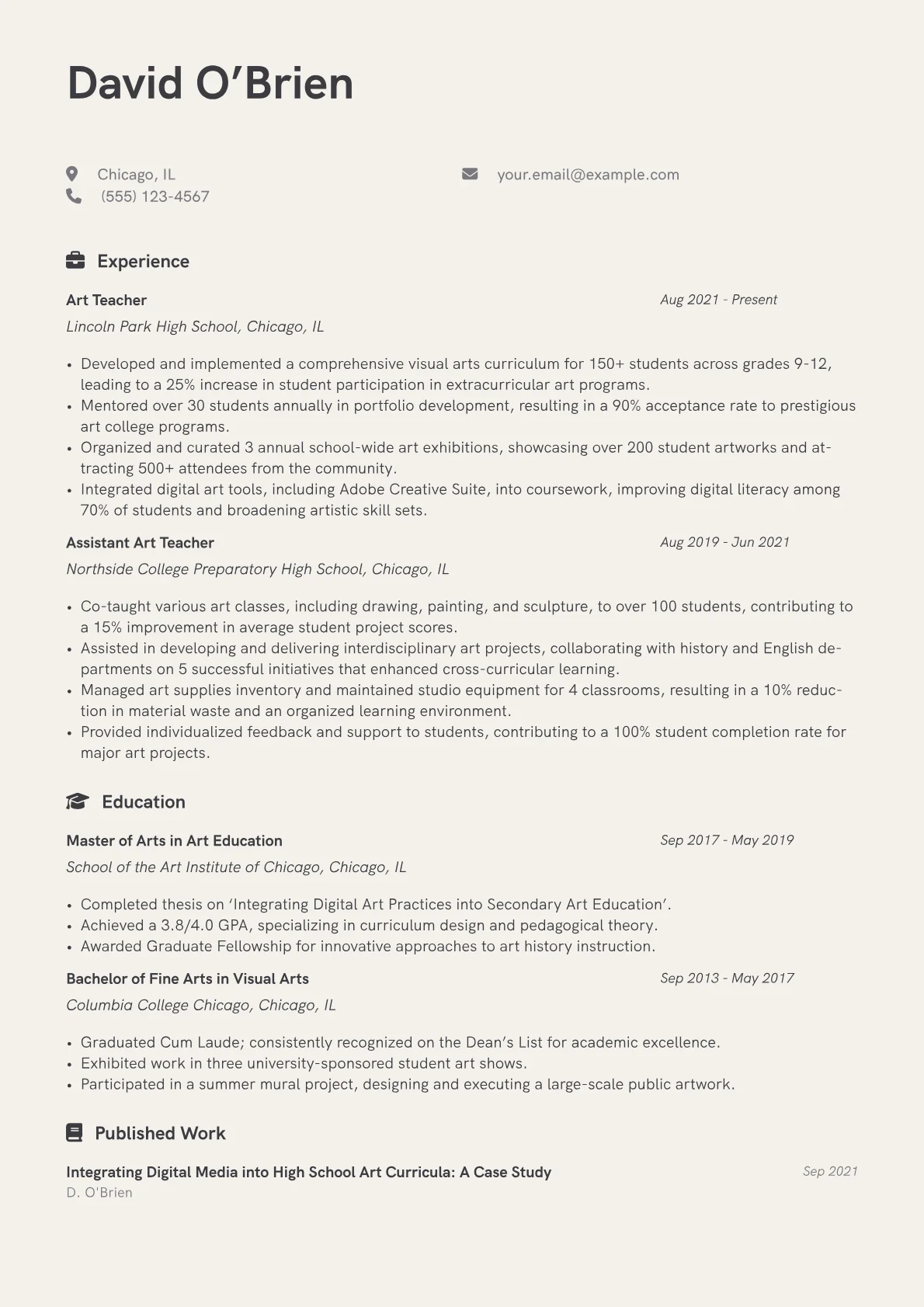 Art Teacher Resume Example CV template - Page 1