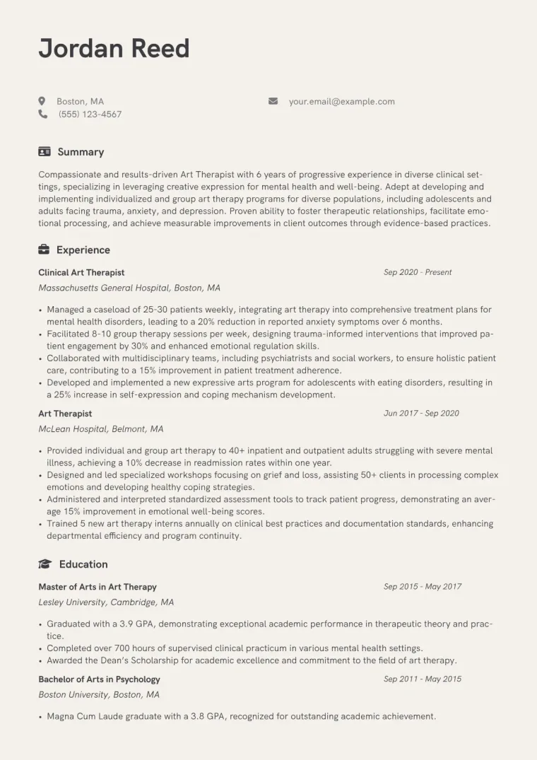 Art Therapist Resume Example CV template preview