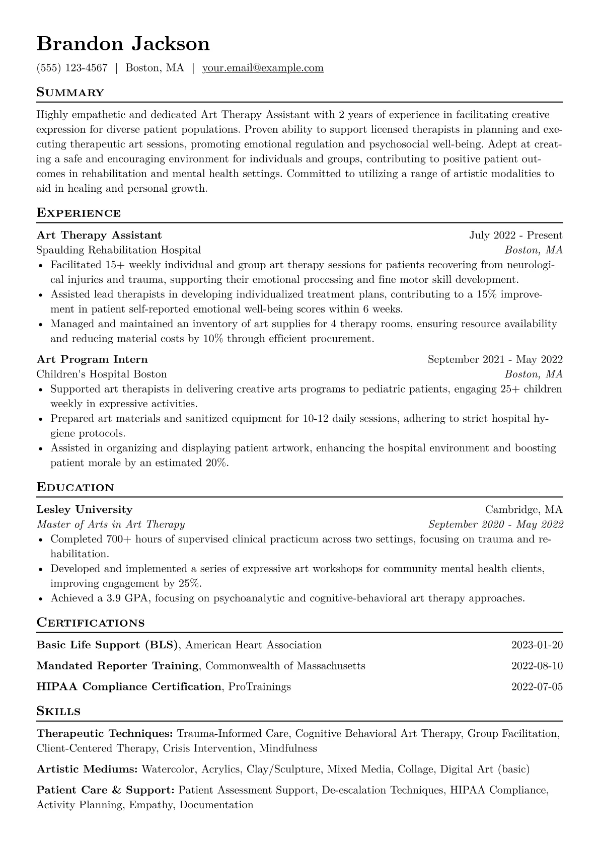 Art Therapy Assistant Resume Example CV template - Page 1