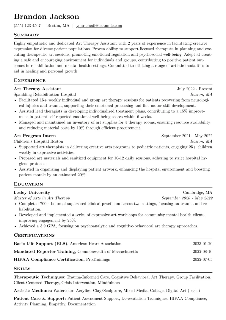 Art Therapy Assistant Resume Example CV template preview