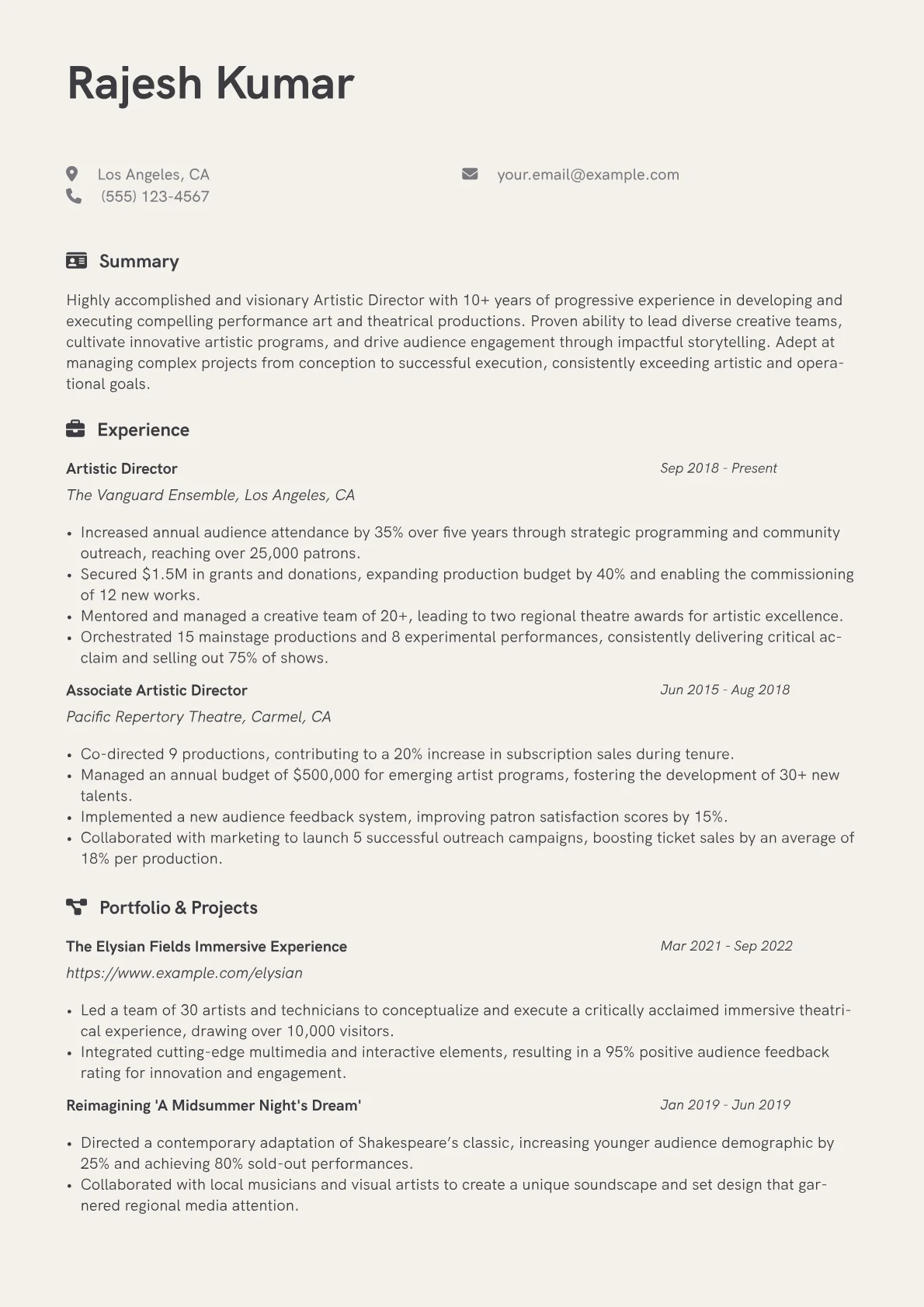 Artistic Director Resume Example CV template - Page 1