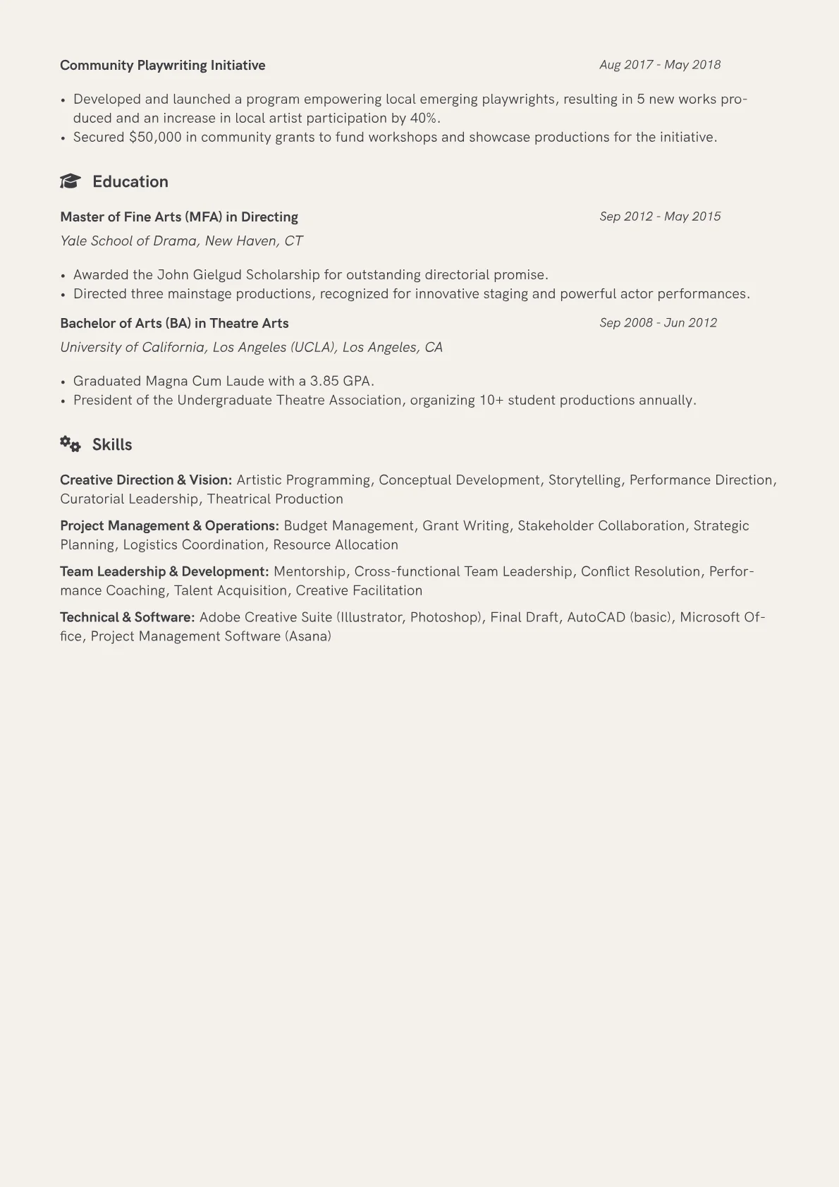 Artistic Director Resume Example CV template - Page 2