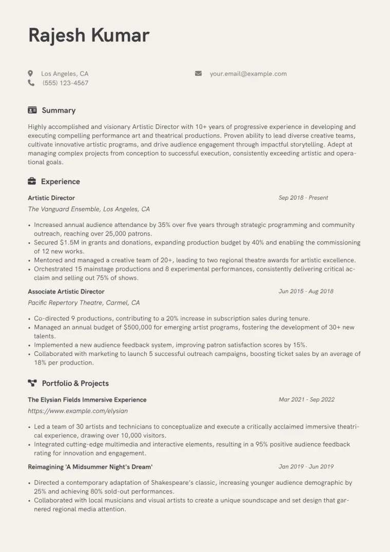Artistic Director Resume Example