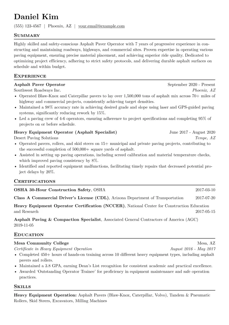 Asphalt Paver Operator Resume Example CV template preview