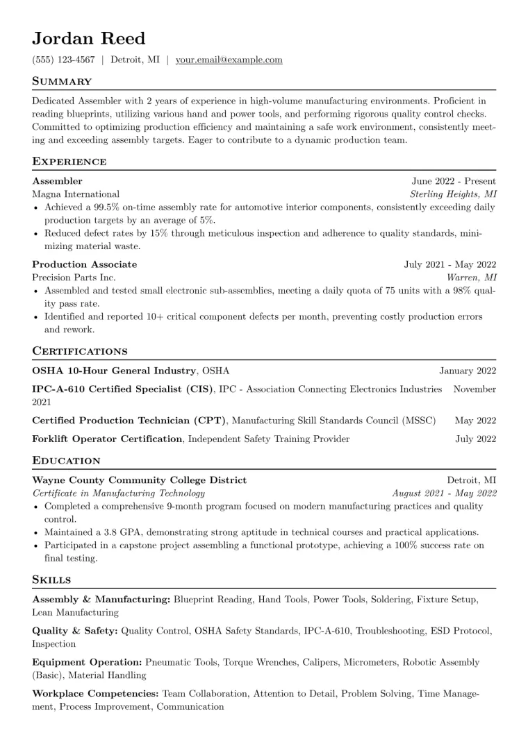 Assembler Resume Example CV template preview