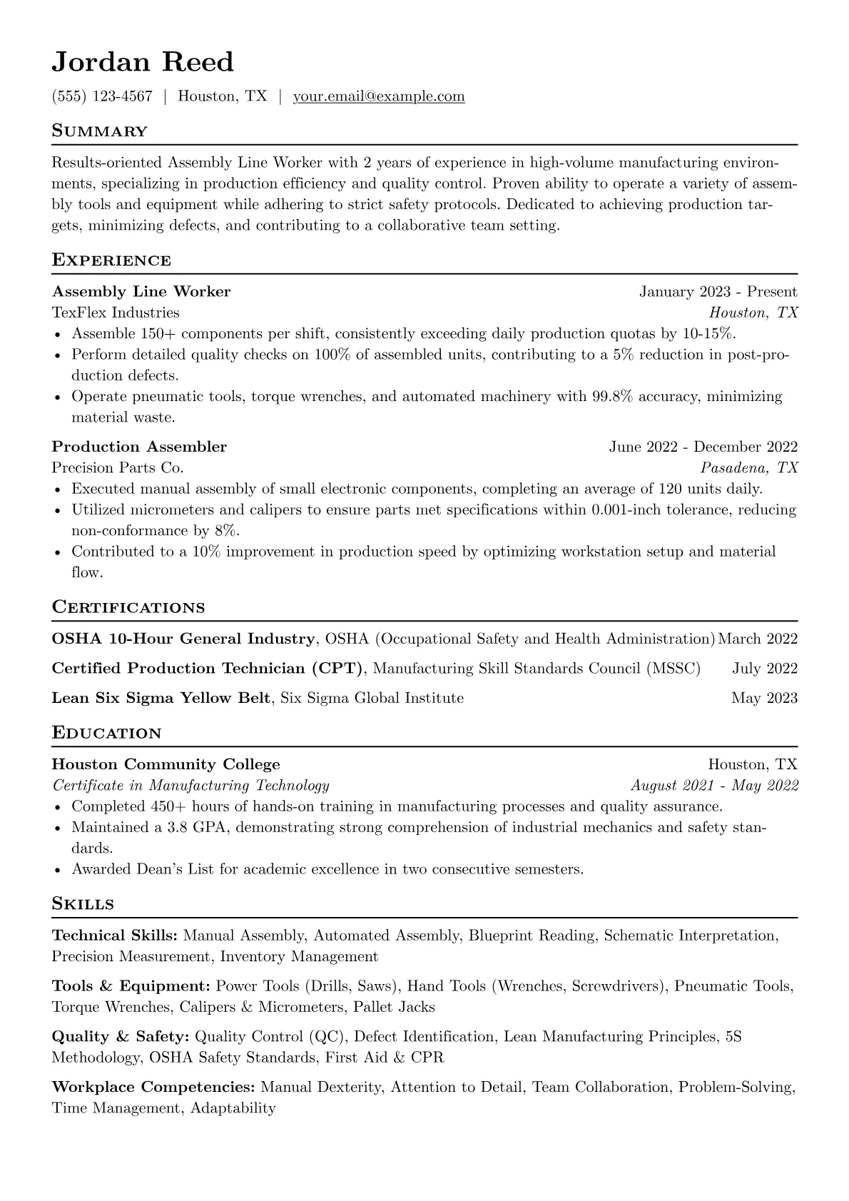 Assembly Line Worker Resume Example CV template - Page 1