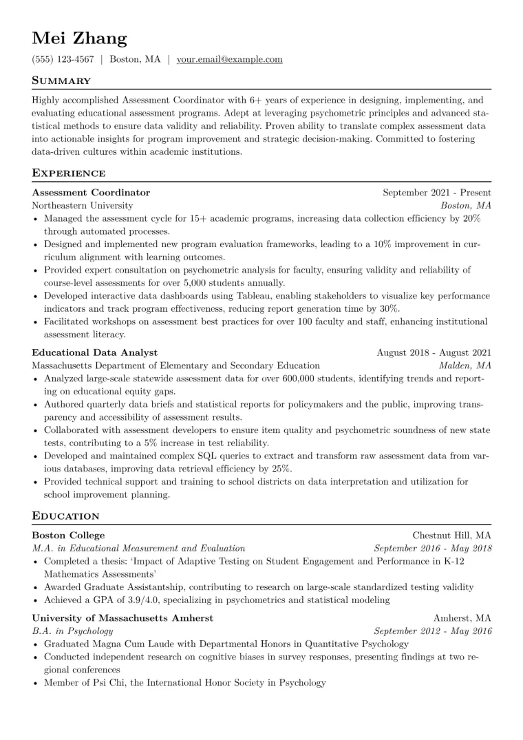 Assessment Coordinator Resume Example CV template preview