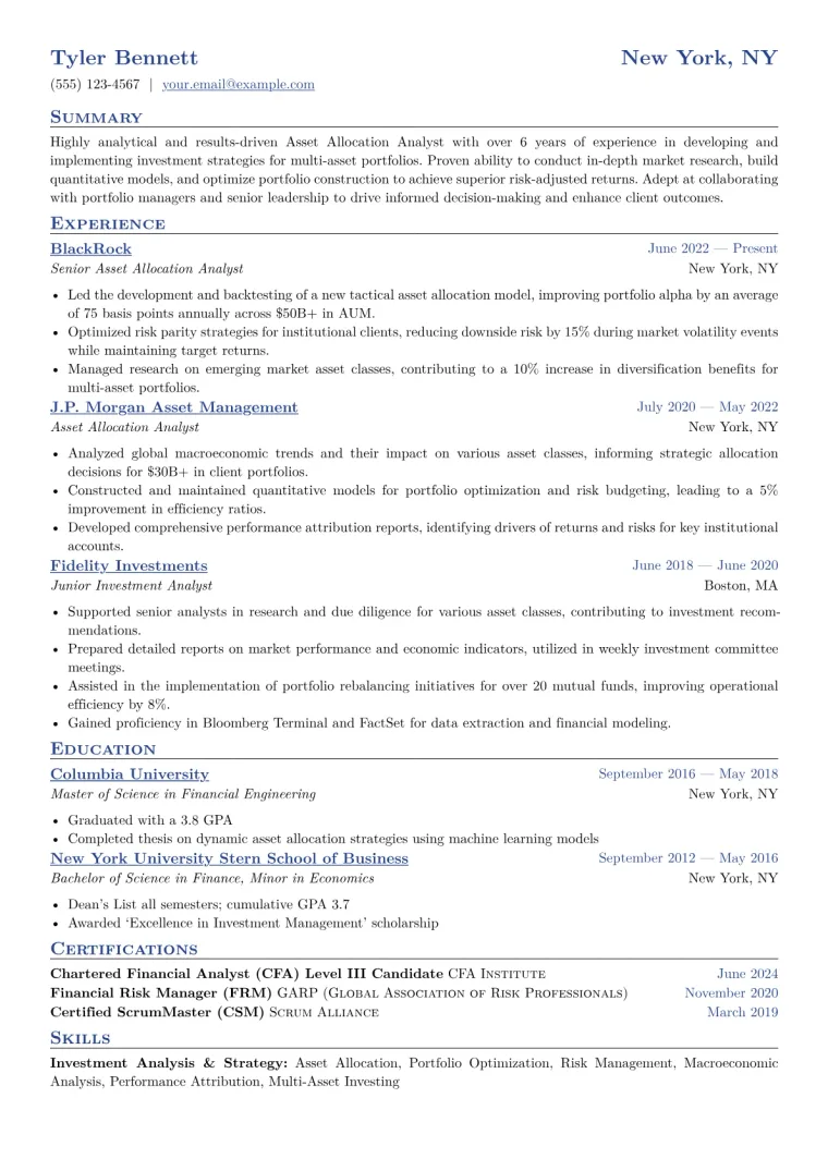 Asset Allocation Analyst Resume Example CV template preview