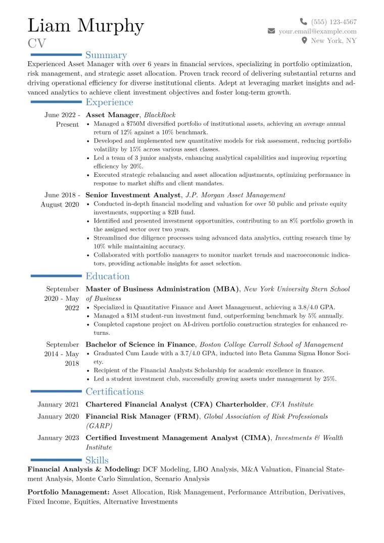 Asset Manager Resume Example CV template preview