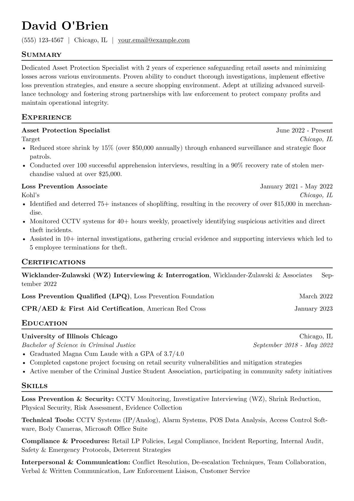 Asset Protection Specialist Resume Example CV template - Page 1