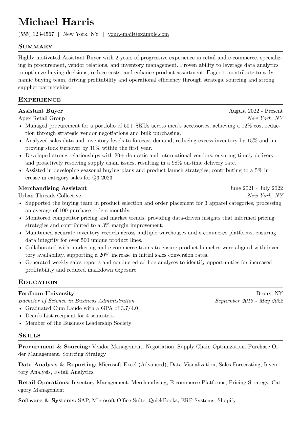 Assistant Buyer Resume Example CV template - Page 1