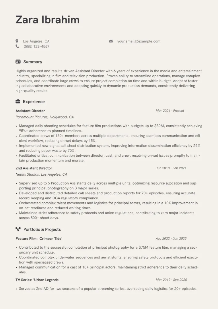 Assistant Director Resume Example CV template preview