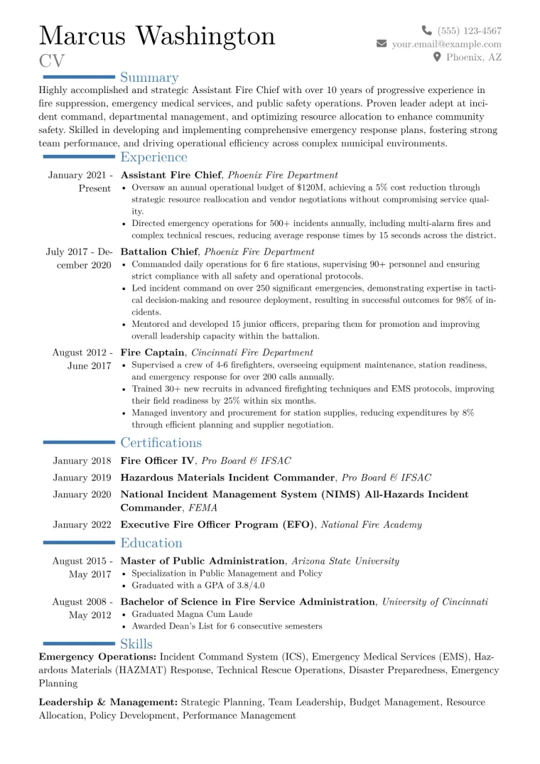 Assistant Fire Chief Resume Example CV template preview