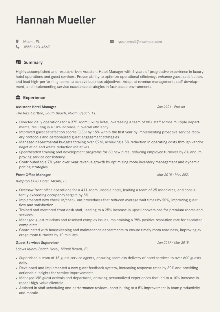 Assistant Hotel Manager Resume Example CV template preview