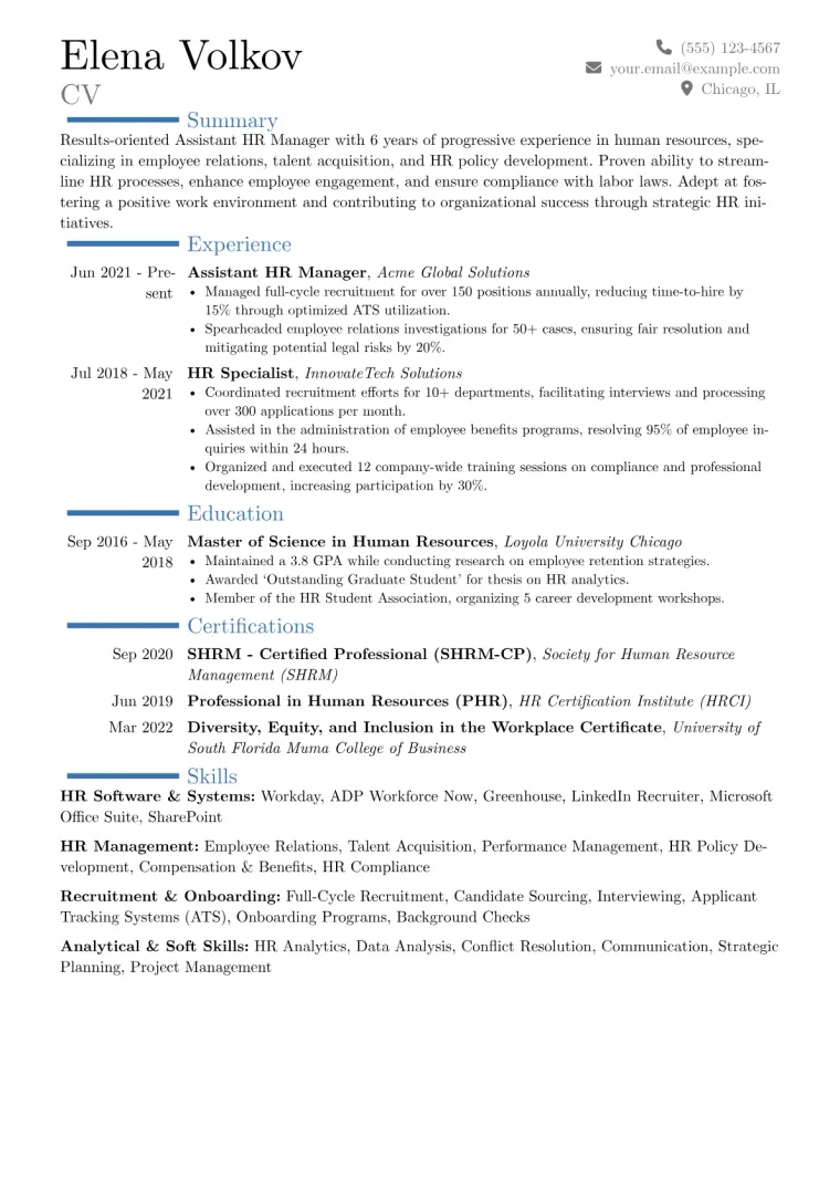 Assistant HR Manager Resume Example CV template preview