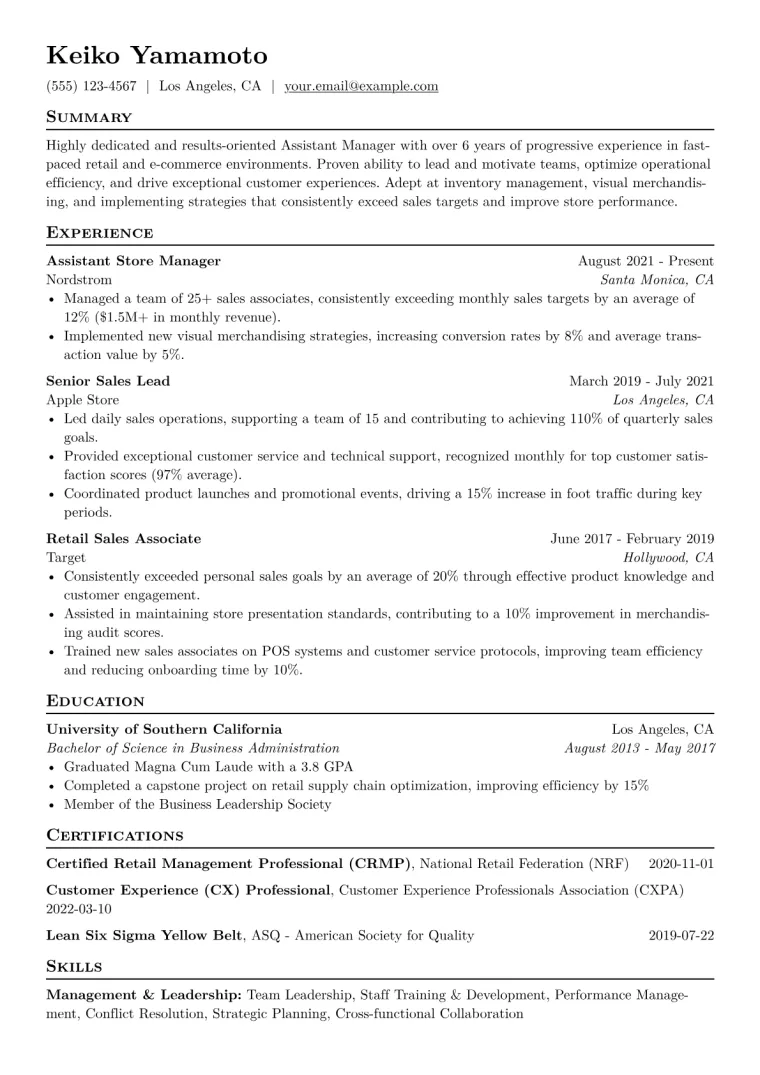 Assistant Manager Resume Example CV template preview