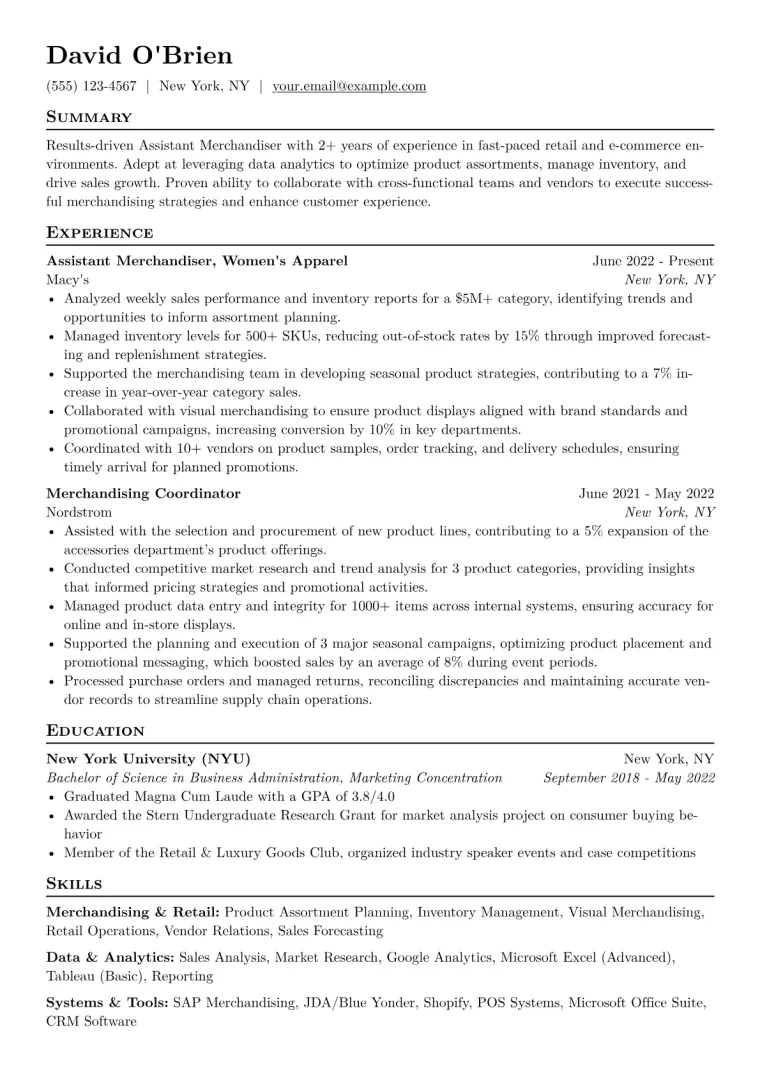 Assistant Merchandiser Resume Example CV template preview