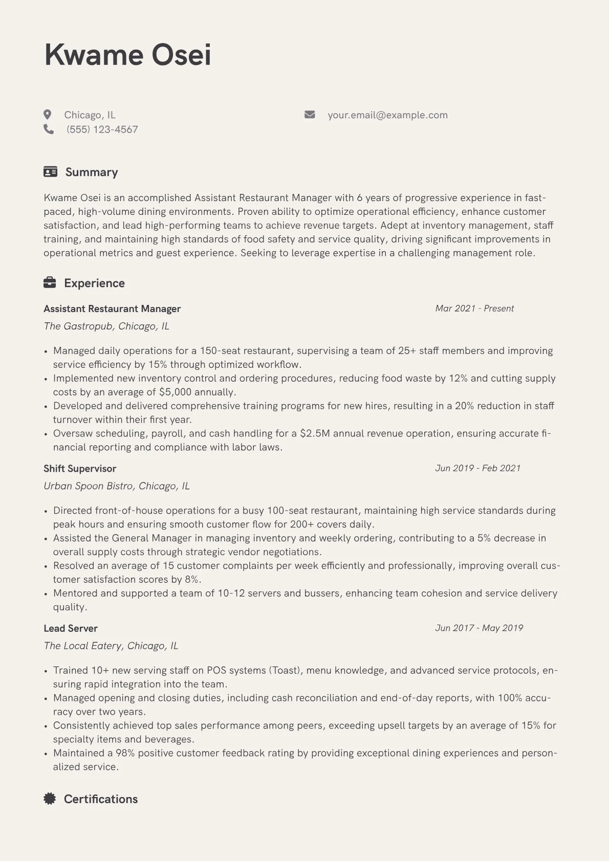 Assistant Restaurant Manager Resume Example CV template - Page 1