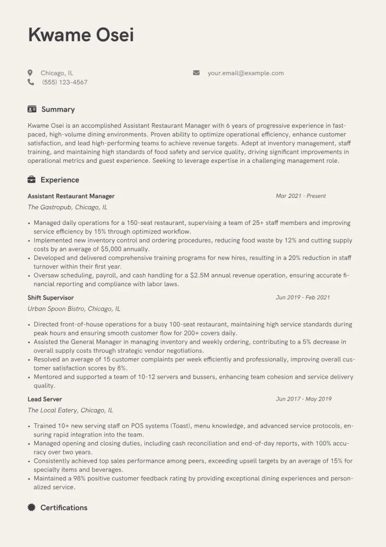 Assistant Restaurant Manager Resume Example CV template preview