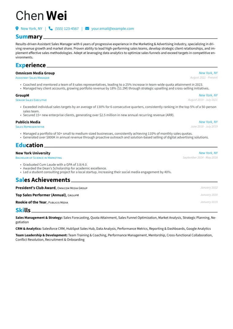 Assistant Sales Manager Resume Example CV template preview