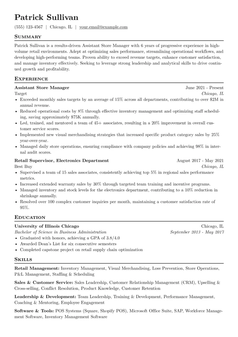 Assistant Store Manager Resume Example