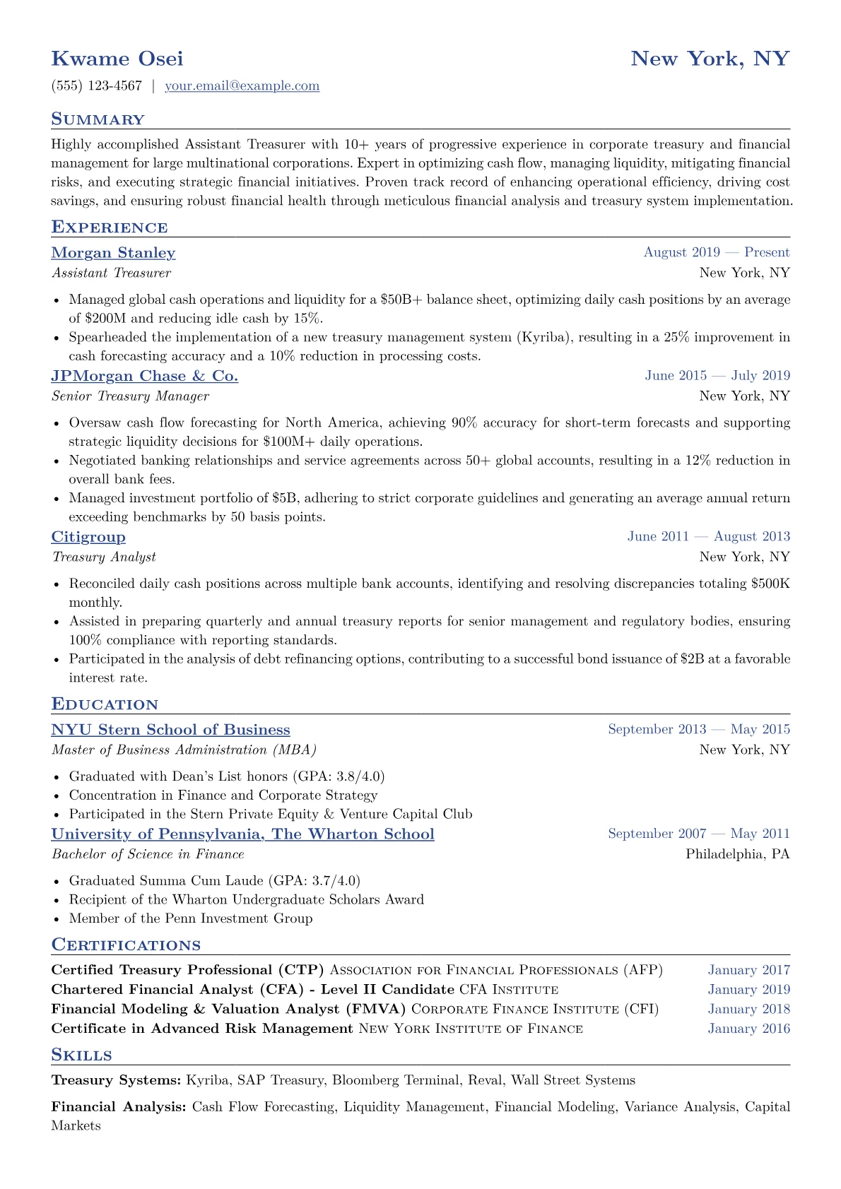 Assistant Treasurer Resume Example CV template - Page 1