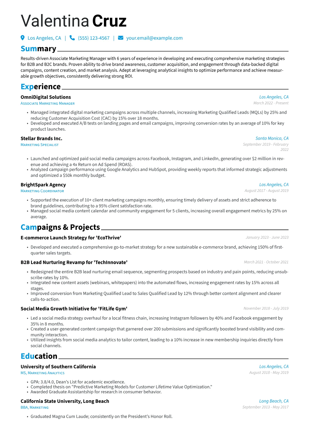 Associate Marketing Manager Resume Example CV template - Page 1