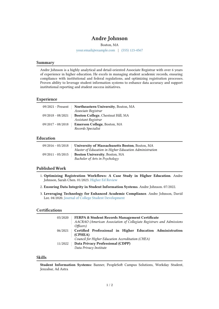 Associate Registrar Resume Example CV template preview