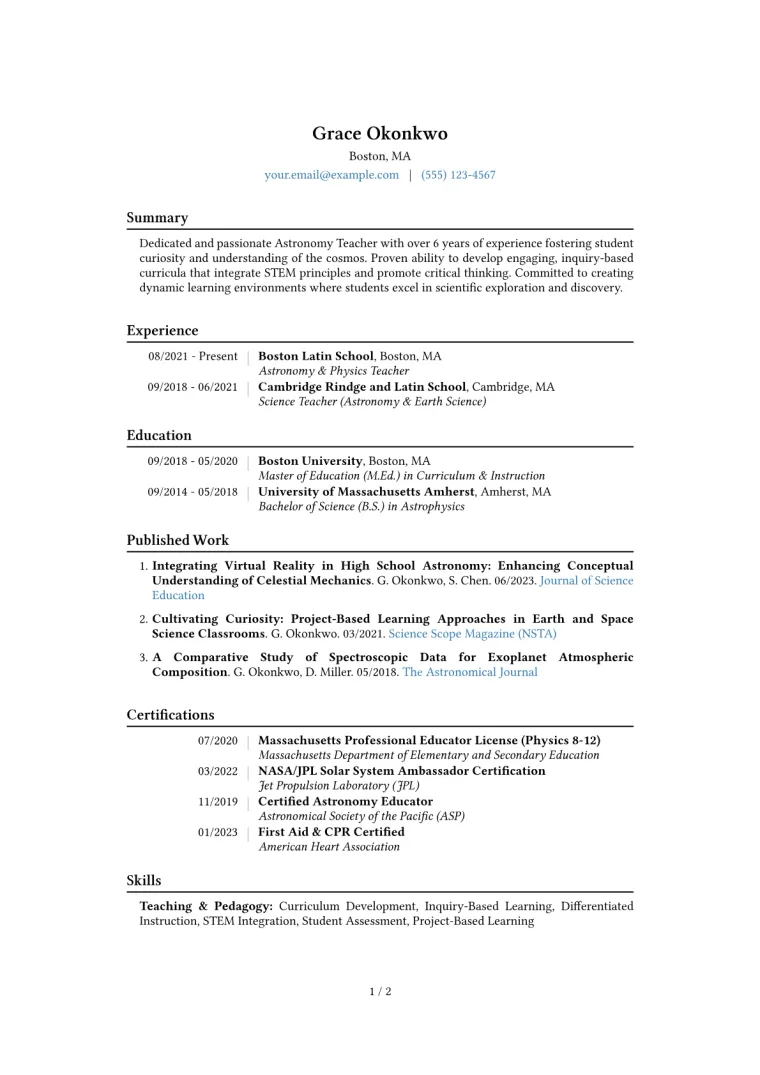 Astronomy Teacher Resume Example CV template preview