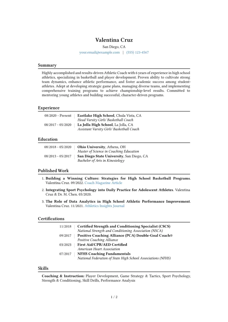 Athletic Coach High School Resume Example CV template preview